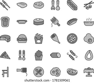 Thin line gray tint vector icon set - a chair for feeding vector, plastic fork spoons, iron, sausage, stick of, cheese, pizza, piece, Hot Dog, mini, burger, spaghetti, noodles, porridge, bacon, chop