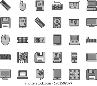 Thin line gray tint vector icon set - floppy disk vector, laptop, monitor, keyboard, screen, processor, computer, tablet pc, notebook, radiator fan, mouse, power supply, tower, motherboard, memory