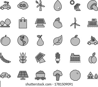 Thin line gray tint vector icon set - drop vector, porcini, cabbage, apple, pear, mint, tangerine, yellow lemon, delicious, peas, broccoli, solar panel, big, leaf, windmill, wind energy, trees, bag