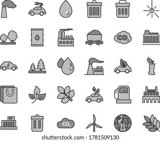 Thin line gray tint vector icon set - dust bin vector, drop, bag with handles, apple stub, leaves, gas station, windmill, manufacture, factory, oil, hydroelectric, hydroelectricity, trees, forest