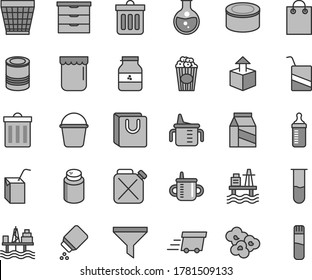 Thin line gray tint vector icon set - wicker pot vector, bin, storage unit, mug for feeding, measuring cup, bottle, powder, baby, e, packing of juice with a straw, bucket, dust, bag handles, package