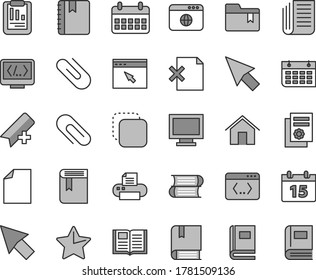 Thin line gray tint vector icon set - monitor window vector, clip, add bookmark, clean sheet of paper, folder, book, e, books, home, calendar, star, notebook, delete page, copy, statistical report