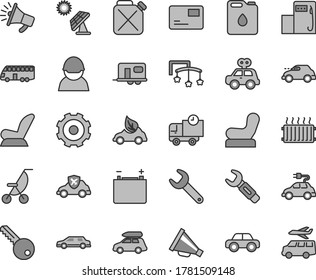 Thin line gray tint vector icon set - truck lorry vector, horn, toys over the cot, Baby chair, car child seat, summer stroller, motor vehicle, present, key, pass card, delivery, big solar panel, eco