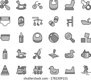 Thin line gray tint vector icon set - toys over the cradle vector, dummy, mug for feeding, bottle, measuring, diaper, bib, baby, beanbag, rattle, chair, summer stroller, rubber duck, duckling, potty