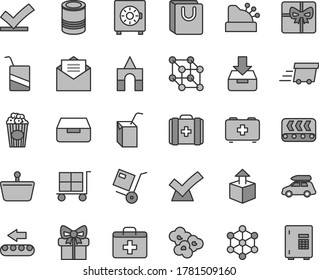 Thin line gray tint vector icon set - cargo trolley vector, first aid kit, bag of a paramedic, medical, e, packing juice with straw, box bricks, received letter, put in, drawer, strongbox, handles