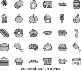 Thin line gray tint vector icon set - kiosk vector, stick of sausage, piece cheese, loaf, canned goods, tin, Hot Dog, mini, big burger, cake, muffin, slice, with a hole, glazed, plate milk, 