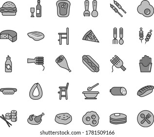 Thin line gray tint vector icon set - plates and spoons vector, a chair for feeding, child, plastic fork, iron, sausage, stick of, cheese, fried vegetables on sticks, piece pizza, Hot Dog, mini, egg