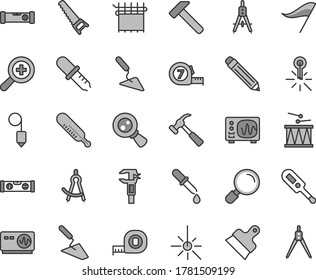 Thin line gray tint vector icon set - graphite pencil vector, zoom, wind direction indicator, electronic thermometer e, mercury, drumroll, trowel, building, hand saw, measuring tape, long meashuring