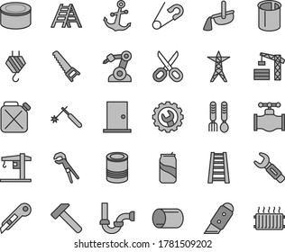 Thin line gray tint vector icon set - scissors vector, open pin, iron fork spoons, crane, tower, hook, adjustable wrench, hand saw, stepladder, ladder, sewerage, ntrance door, gear, knife, hammer