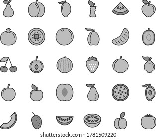 Thin line gray tint vector icon set - strawberry vector, apple, pear, cherry, pomegranate, quince, apricot, red, tasty mulberry, water melon, slice of, mango, half, loquat, delicious plum, peach