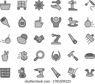 Thin line gray tint vector icon set - cargo trolley vector, magnifier, dollar, chest of drawers, small rocking horse, big core, drill, hand saw, arm, spatula, hammer with claw, index finger, potato