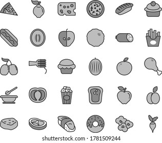Thin line gray tint vector icon set - plates and spoons vector, sausage, piece of cheese, pizza, Hot Dog, noodles, cake, muffin, glazed with a hole, chicken leg, bacon, cabbage, meat, French fries
