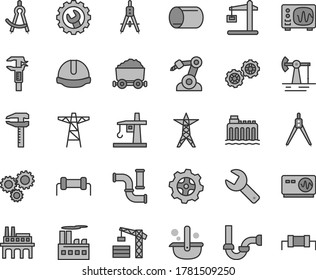 Thin line gray tint vector icon set - repair key vector, tower crane, gears, sewerage, construction helmet, gear, working oil derrick, water pipes, hydroelectricity, power line, pole, enterprise