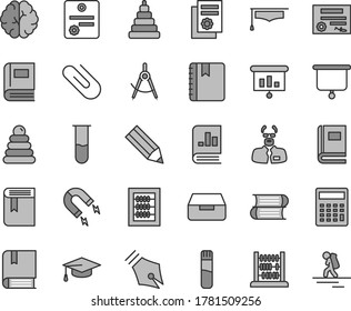 Thin line gray tint vector icon set - calculator vector, book, new abacus, stacking rings, toy, e, books, notebook, drawer, clip, magnet, scribed compasses, pencil, on statistics, presentation