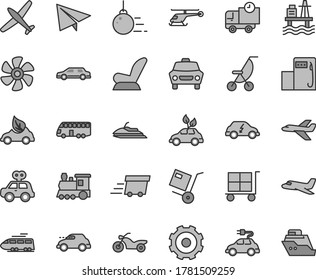Thin line gray tint vector icon set - truck lorry vector, cargo trolley, paper airplane, car child seat, summer stroller, motor vehicle present, big core, delivery, shipment, sea port, eco, electric