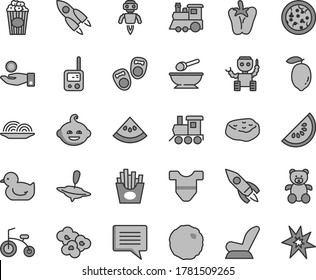 Thin line gray tint vector icon set - image of thought vector, Child T shirt, car seat, baby duckling, toy phone, deep plate with a spoon, teddy bear, funny hairdo, train, children's, small yule