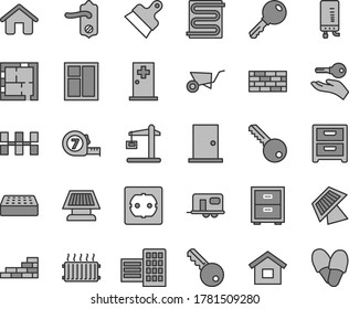 Thin line gray tint vector icon set - bedside table vector, house, dwelling, brickwork, brick wall, building trolley, window, long meashuring tape, laying out, power socket type f, key, door knob