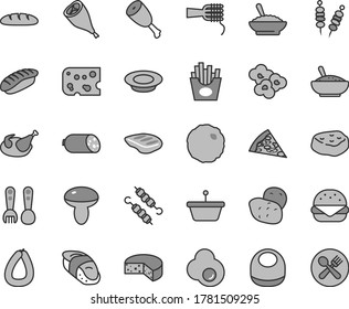 Thin line gray tint vector icon set - baby bib vector, plastic fork spoons, sausage, stick of, piece cheese, loaf, fried vegetables on sticks, pizza, big burger, noodles, mushroom, rice, plate milk