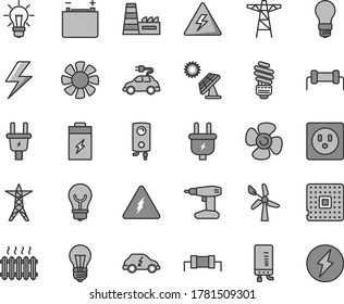 Thin line gray tint vector icon set - lightning vector, danger of electricity, drill, saving light bulb, boiler, electronic, fan screw, charging battery, big solar panel, wind energy, accumulator
