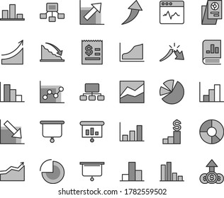 Thin line gray tint vector icon set - pie chart vector, bar, line, graph, growth, negative, histogram, positive, cardiogram, recession, a crisis, scheme, hierarchical, article on the dollar, charts