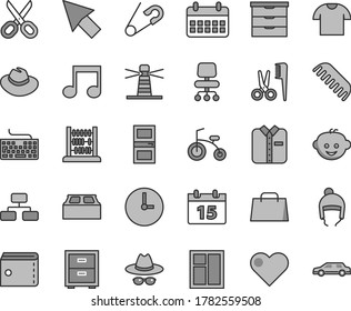 Thin line gray tint vector icon set - scissors vector, purse, keyboard, hat, with glasses, bedside table, storage unit, open pin, accessories for a hairstyle, comb, children's hairdo, child bicycle