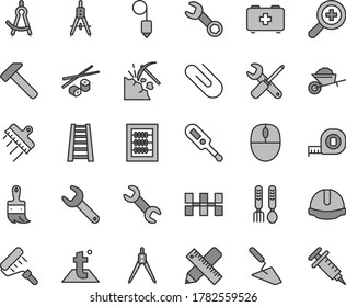Thin line gray tint vector icon set - zoom vector, new abacus, electronic thermometer e, bag of a paramedic, iron fork spoons, garden trolley, trowel, small tools, measuring tape, paint roller, clip