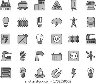 Thin line gray tint vector icon set - incandescent lamp vector, saving light bulb, power socket type b, f, lightning, dangers, heating coil, new radiator, electronic boiler, storm cloud, wind energy