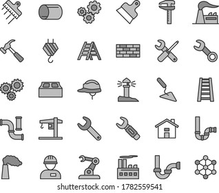 Thin line gray tint vector icon set - house vector, crane, workman, brickwork, hook, building trowel, small tools, stepladder, ladder, siphon, sewerage, helmet, block, putty knife, spatula, factory