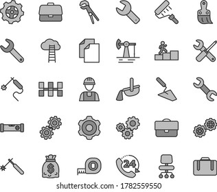 Thin line gray tint vector icon set - repair key vector, clean paper, builder, gears, cogwheel, trowel, small tools, adjustable wrench, measuring tape, paint roller, plastic brush, ceramic tiles, 24