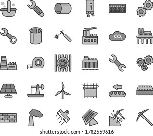 Thin line gray tint vector icon set - brickwork vector, measuring tape, brick, spatula, electronic boiler, solar panel, oil derrick, coal mining, windmill, manufacture, hydroelectricity, enterprise