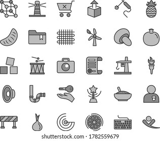 Thin line gray tint vector icon set - keyboard vector, loudspeaker, folder bookmark, cubes for children, drumroll, siphon, traffic signal, camera, crossed cart, unpacking, porcini, pomegranate