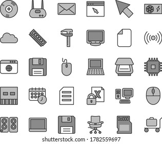 Thin line gray tint vector icon set - calipers vector, computer, notebook pc, encrypting, mouse, power supply, cpu, memory, monitor, usb, router, cd, scanner, speaker, browser, floppy, wireless