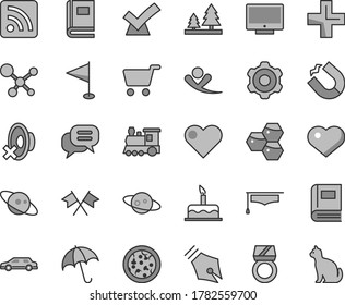 Thin line gray tint vector icon set - heart symbol vector, plus, silent mode, rss feed, pennant, cake, cogwheel, umbrella, screen, pizza, honeycombs, forest, horseshoe magnet, shopping cart, book