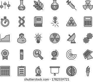 Thin line gray tint vector icon set - round flask vector, radiation hazard, mercury thermometer, test tube, nuclear, dna, bulb, gears, settings, book, globe, flame, scientist, clipboard, calculator