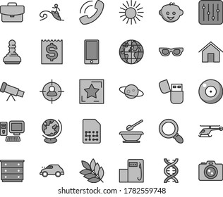 Thin line gray tint vector icon set - camera vector, chest of drawers, plates and spoons, children's hairdo, home, smartphone, regulator, suitcase, modern gas station, retro car, SIM, man in sight
