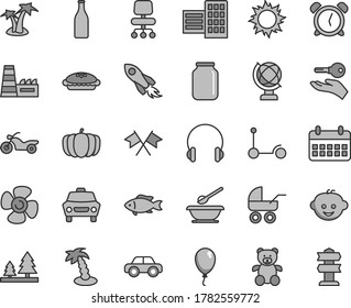 Thin line gray tint vector icon set - alarm clock vector, baby carriage, motor vehicle, plates and spoons, teddy bear, children's hairdo, balloon, Kick scooter, city block, headphones, globe, car