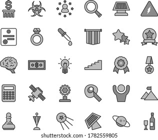 Thin line gray tint vector icon set - electricity vector, zoom, bulb, brain, satellite, biohazard, pipette, calculator, artifical insimination, medal, sun panel, saturn, patente, cup, pawn, stairway