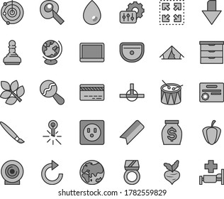 Thin line gray tint vector icon set - tassel vector, downward direction, bookmark, bank card, clockwise, storage unit, beanbag, drum, sink, drop, lens, size, ripe pepper, beet, planet, socket, money