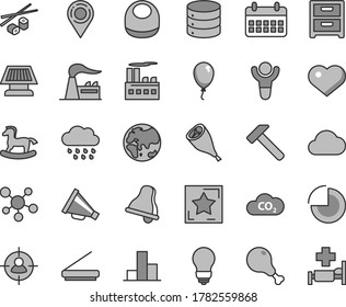 Thin line gray tint vector icon set - heart symbol vector, bell, horn, pie chart, bar, baby bib, rainy cloud, small rocking horse, balloon, bulb, hammer, big data, nightstand, chicken leg, grill