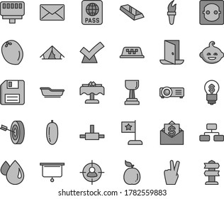 Thin line gray tint vector icon set - floppy disk vector, bath, funny hairdo, passport, flowchart, date fruit, guava, coconut, power socket, drop, man in sight, connect, lan connector, projector