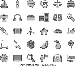 Thin line gray tint vector icon set - repair key vector, scales, electronic thermometer e, toy sand set, child Kick scooter, building trowel, city block, received letter, speech, car, 24, lollipop