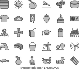 Thin line gray tint vector icon set - plus vector, rubber duck, packing of juice with a straw, bucket, plastic brush, faucet mixer, boiler, map, T shirt, square academic hat, cheese, canned goods