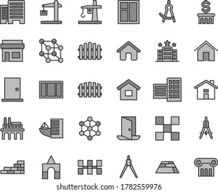 Thin line gray tint vector icon set - house vector, box of bricks, dwelling, brick wall, window, frame, ntrance door, buildings, city block, tile, ceramic tiles, fence, hedge, paving slab, home