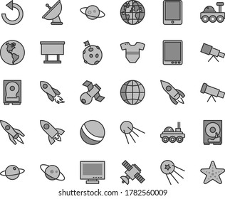 Thin line gray tint vector icon set - monitor vector, counterclockwise, t short, bath ball, earth, artificial satellite, planet, billboard, rocket, space, tablet pc, hdd, telescope, antenna, saturn