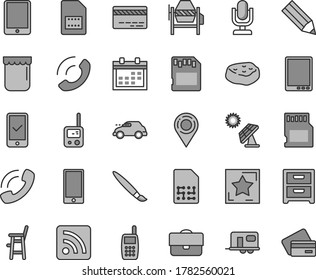 Thin line gray tint vector icon set - tassel vector, desktop microphone, calendar, bank card, rss feed, toy phone, a chair for feeding child, concrete mixer, smartphone, nightstand, call, jam, SIM