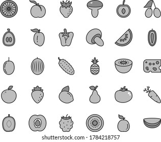 Thin line gray tint vector icon set - piece of cheese vector, mushroom, porcini, cucumber, tomato, peper, carrot, a pineapple, pear, ripe peach, half apricot, raspberry, strawberry, cornels, melon