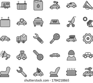 Thin line gray tint vector icon set - truck lorry vector, horn, Baby chair, car child seat, summer stroller, motor vehicle, present, key, delivery, big solar panel, accumulator, battery, racer, eco