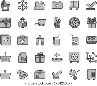 Thin line gray tint vector icon set - cargo trolley vector, grocery basket, first aid kit, bag of a paramedic, e, packing juice with straw, box bricks, strongbox, handles, cardboard, gift, package