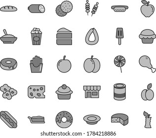Thin line gray tint vector icon set - kiosk vector, sausage, stick of, piece cheese, loaf, tin, fried vegetables on sticks, Hot Dog, mini, cake, muffin, slice, with a hole, glazed, plate milk, cup