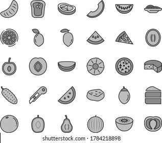 Thin line gray tint vector icon set - stationery knife vector, cheese, pizza, piece of, slices onion, cake, bacon, meat, cucumber, orange slice, sandwich, plum, water melon, delicious, half, cherry